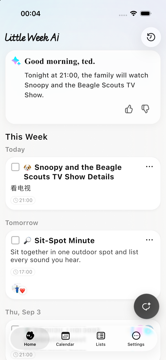 LittleWeek AI home view with today's family plans